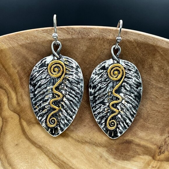 Boutique Jewelry - Antique Silver Leaf Drop Earrings with Gold Swirl